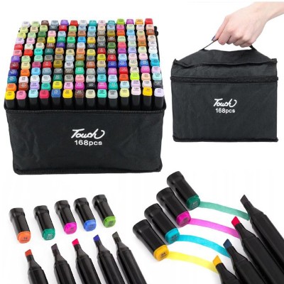 Set 168 markere cu varf dublu, multicolore, geanta de depozitare foto