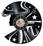 Ceas de perete decorativ realizat din disc de vinil, Model Hair Salon, Profil Femeie cu Par Lung, Foarfece, Pieptene si Oglinda, Negru Premium, 30 cm