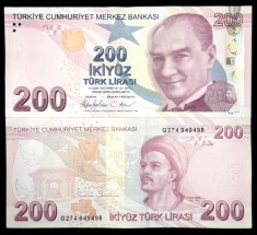 TURCIA 200 LIRE 2023 ( 2009 ) prefix G , UNC [1] P- 227f , necirculata , Semn Guvernator Hafize Gaye Erkan , Viceguvernator Osman Cevdet Akcay