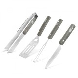 Set de 4 Ustensile pentru Gratar, Cleste, Furculita, Cutit si Spatula din Otel Inoxidabil cu Maner din Lemn, Garden Of Eden