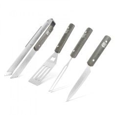 Set de 4 Ustensile pentru Gratar, Cleste, Furculita, Cutit si Spatula din Otel Inoxidabil cu Maner din Lemn