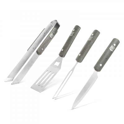 Set de 4 Ustensile pentru Gratar, Cleste, Furculita, Cutit si Spatula din Otel Inoxidabil cu Maner din Lemn foto