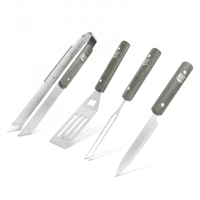 Set de 4 Ustensile pentru Gratar, Cleste, Furculita, Cutit si Spatula din Otel Inoxidabil cu Maner din Lemn