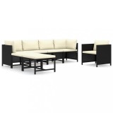 Set mobilier de gradina cu perne, 7 piese, negru, poliratan