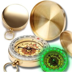 Busola portabila cupru rotire 360 , impermeabila, functie fluorescenta, design retro breloc, pentru camping drumetii si orientare, aurie