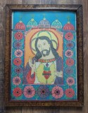 Icoană veche populară Iisus Hristos: Inima Sacră, Rom&acirc;nia, Transilvania/Banat/Crișana interbelică, imprimare tipografică 44 &times; 34 cm rama lemn