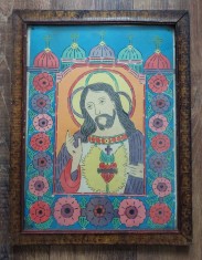 Icoană veche populară Iisus Hristos: Inima Sacră, Rom&acirc;nia, Transilvania/Banat/Crișana interbelică, imprimare tipografică 44 &times; 34 cm rama lemn