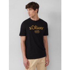 s.Oliver Tricou barbati cu imprimeu cu logo si decolteu la baza gatului, Regular fit, Negru, S