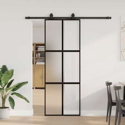 vidaXL Ușă glisantă cu set feronerie neagră 76x205cm sticlă securizată 3375820 foto