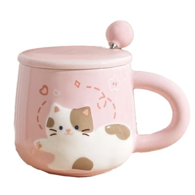Cana cu capac din ceramica si lingurita Pufo Happy Kitty pentru cafea sau ceai, 350 ml, roz foto