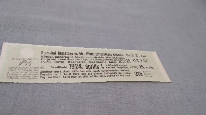 CUPOANE /BON DE TREZORERIE CU REDUCERE 1924 UNGARIA