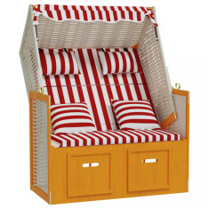 Scaun de plajă cu perne,roșu&alb, poliratan și lemn masiv