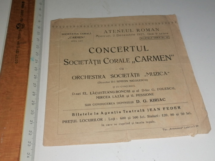 PROGRAM -ATENEUL ROMAN- CONCERTUL SOC CORALE CARMEN -8 DEC 1925 -