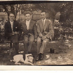 M1 G 16 - FOTO - Fotografie foarte veche - barbati pe banca cu caine - anii 1930