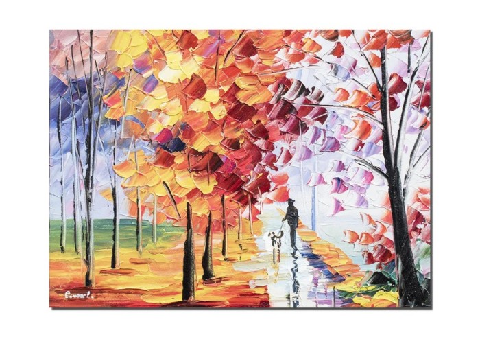 Tablou pictat manual, La plimbare cu catelul, 40x30cm ulei pe panza in cutit efect 3D, gata de expus pe perete