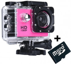 Camera Sport iUni Dare 50i HD 1080P, 12M, Waterproof, Roz + Card MicroSD 8GB Cadou foto