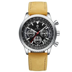 Gohuos, Ceas barbatesc, Quartz, Cronograf, Analog, Data, Piele naturala, Maro Argintiu Negru