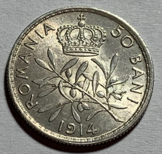 50 Bani 1914 Hamburg, Argint, Romania UNC, Luciu de batere foto