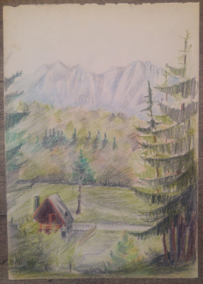 Peisaj montan cu cabana// creioane colorate pe hartie foto