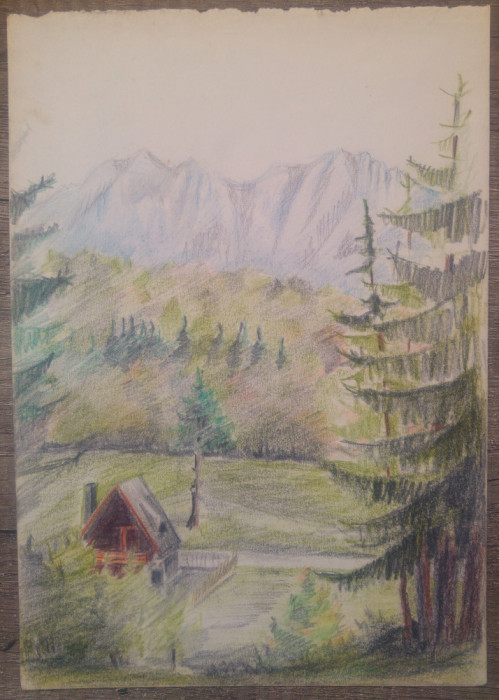 Peisaj montan cu cabana// creioane colorate pe hartie