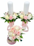 Set buchet si lumanari cu trandafiri din foita parfumata de sapun si floarea miresei naturale uscata - Alb Roz Crem, Eventissimi&reg;