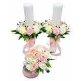 Set buchet si lumanari cu trandafiri din foita parfumata de sapun si floarea miresei naturale uscata - Alb Roz Crem