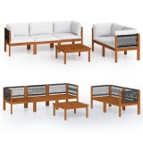 Set fotoliu de gradina cu 6 piese, perne, lemn crem, acacia si franghie