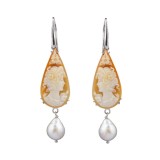 Cumpara ieftin Cercei Argint 925 Placat Rodiu, Camee &amp; Perle Cultura Noble, Fara Inchidere, 5.5-6cm, Bijuterie Handmade Italia