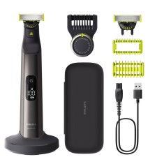 Aparat de tuns parul de pe fata si corp, Philips OneBlade Pro QP6652/61, Acumulator, Autonomie 120 min., Lungime 0.4-10 mm, Crom