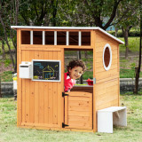Cumpara ieftin Outsunny Casuta pentru copii din lemn de exterior cu usa, ferestre, banca, suport vas 122x108x135.5cm galben