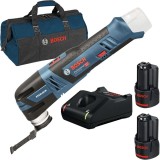 Bosch GOP 12V-28 + 1600A019RD + 1619BZ0100 - Multicutter + Set 2 acumulatori si incarcator Li-Ion 12 V 3 Ah + Geanta textila