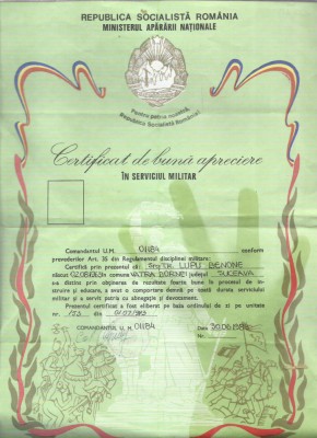 AMS# - CERTIFICAT DE BUNA APRECIERE IN SERVICIUL MILITAR, 1983 VATRA DORNEI - SV foto