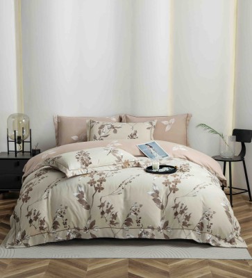 Lenjerie de lux pentru pat dublu,bumbac finet,6 piese,cearceaf cu elastic,bej,cu flori-A1020 foto