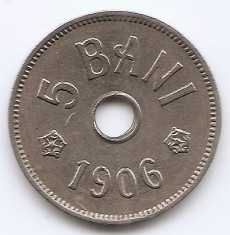 Romania 5 Bani 1906 J - Carol I, Monetăria Hamburg, Cupru-nichel, 19 mm, KM-31