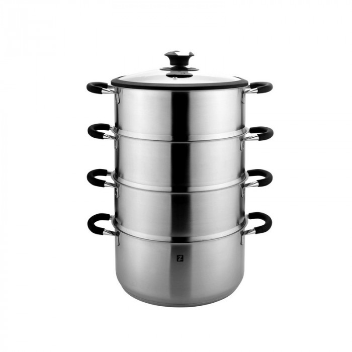 Set Oale pentru gatit la aburi Zokura, diametru 28 cm, 7.6 L, gaz, inductie, Inox, capac cu termometru, 5 piese, Argintiu