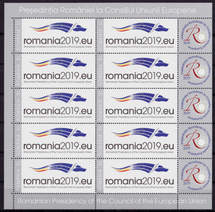 RO 2019 ,LP 2225b ,&quot;Presedintia RO la Consiliu UE&quot; mcoli 10 M + 5 viniete ,MNH