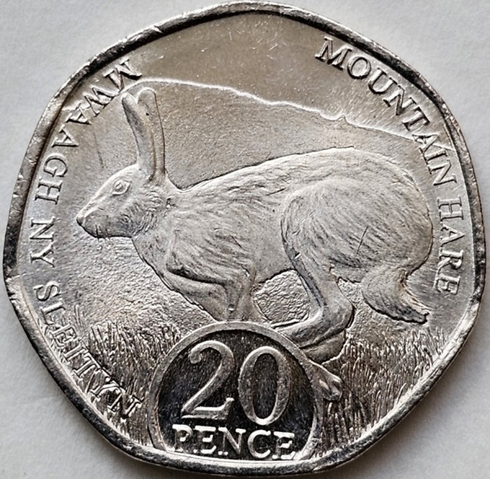 20 pence 2023 Isle of Man , Mountain hare , Charles III, Aunc, km#1787