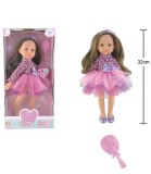 Păpușă Brunetă de 32 Cm, cu Păr Lung și Perie