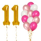 Set Baloane Aniversare 11 Ani Fată Roz/Rose Gold, 14 Piese: 2 Folie Cifre Aurii 81cm + 12 Latex 30cm