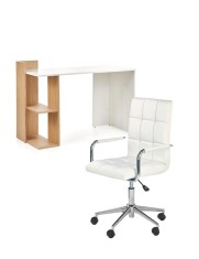 Set birou HM Fino, 2 rafturi, PAL melaminat, 122x57x85 cm, stejar auriu si scaun copii HM Gonzo 2, Ergonomic, tapitat cu piele ecologica, cu brate, 90