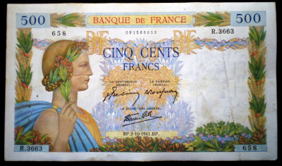 324 FRANTA WWII 500 FRANCS FRANCI 2.10.1941 SR. 658 foto