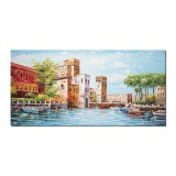 Tablou Castel medieval, pictat manual living, dormitor, 140x70cm ulei pe panza in cutit efect 3D, gata de expus pe perete