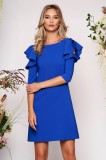 Rochie LaDonna albastra eleganta de zi din stofa usor elastica cu croi in a si volanase la maneca