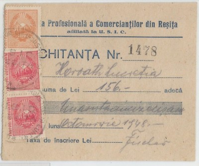 Romania, Uniunea Profesionala a Comerciantilor, Chitanta, Resita, 1948 foto