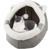 Culcus pentru pisici tip casuta Brivoo&reg;, gri, L 45*43*38 cm, design cu urechi de pisica, confortabil si modern