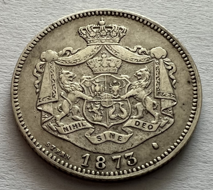1 Leu 1873 Argint, Carol 1, Romania, &quot;L&quot; de la LEU intrerupt, RARA!
