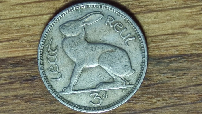 Irlanda - moneda de colectie iepuras - 1/2 reul = 3 pence / pingine 1942 - an rar - superba !