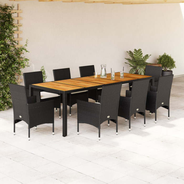 Set mobilier gradina perne 9 piese negru poliratan/lemn acacia GartenMobel Dekor