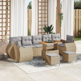 Set canapea gradina Gossi cu 10 piese si perne bej din ratan polimer acacia, set dining gradina Gossi cu 3 piese si perne bej din ratan polimer acacia