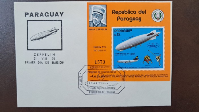 ZEPPELIN 1975 Paraguai Bl246 FDC Mi=50E PERFECTA
